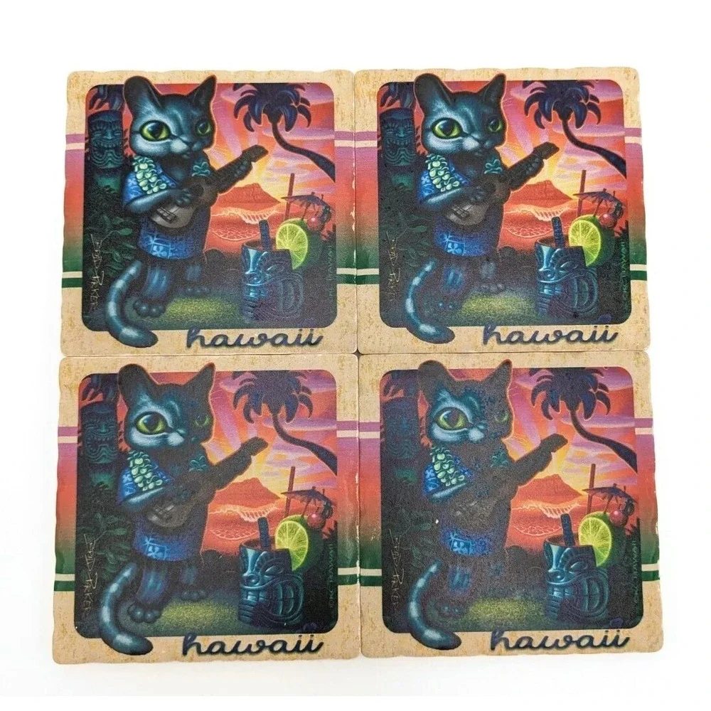 Cat Playing Ukulele Ceramic Coasters Set Aloha Hula Hawaii Tiki Bar Summer Party